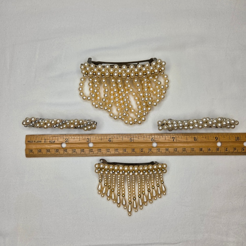 Vintage Style Faux Pearl Hair Barrette Set 4pc Cream Fringed Dangle Wedding Hair